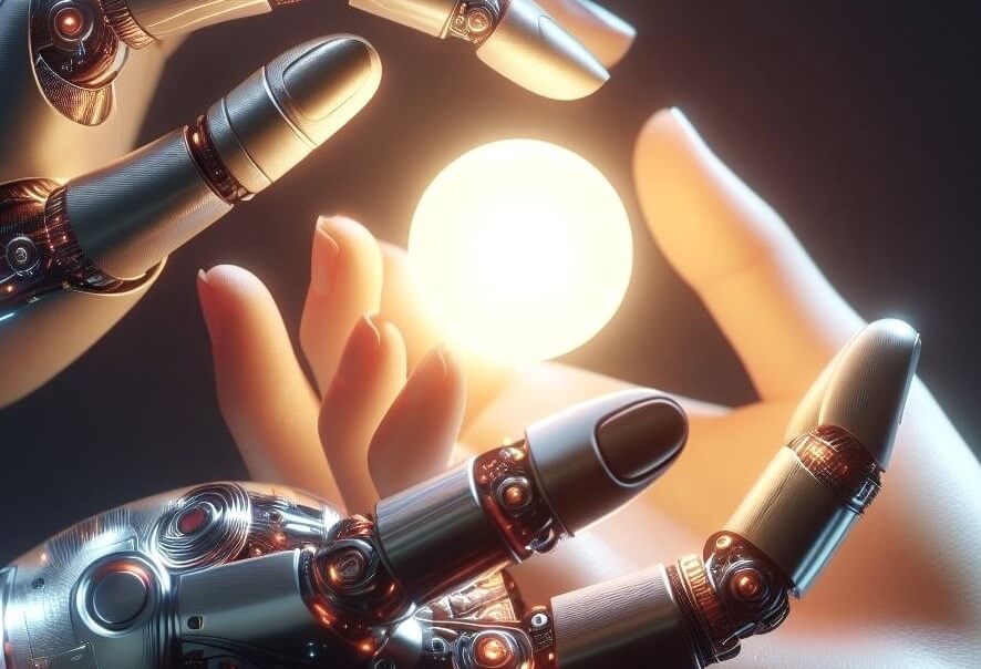 Human and robotic hands handling a light
