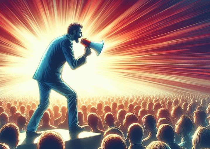 a man speaking to a crowd