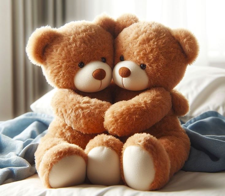 two teddybears hugging each other.