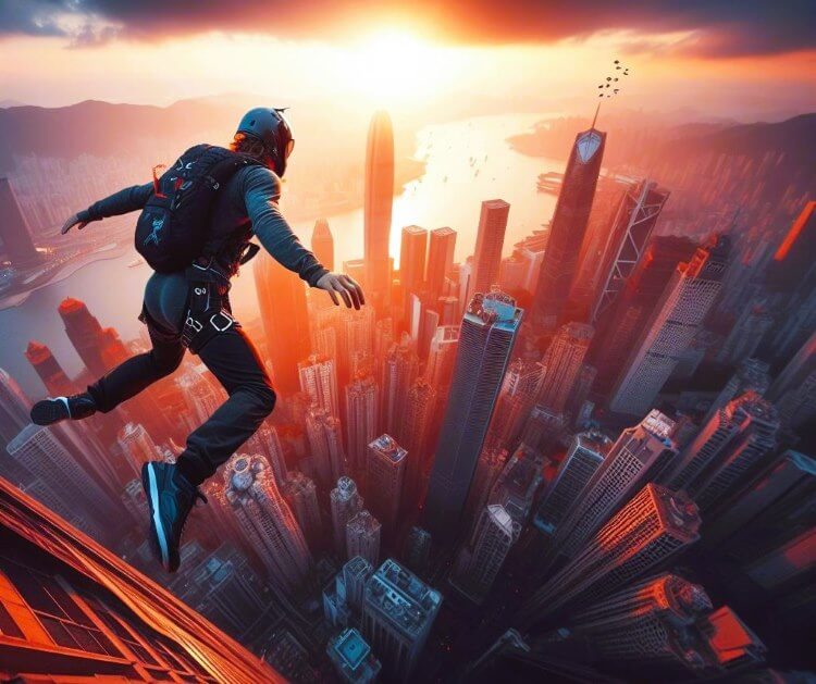 A basejumper jumping from a skyscraper